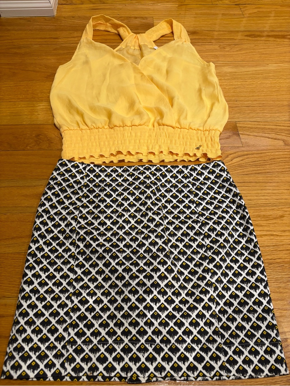 Patrizia Pepe Yellow Smocked-Waist Sleeveless Dress with Patterned Skirt